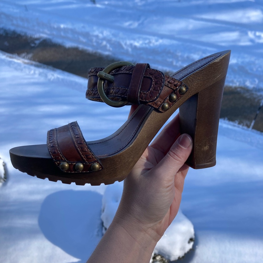 Coach Chrissy Brown Leather Whipstitch Gold Buckle Gold Studded Wooden Heels - Picture 3 of 17